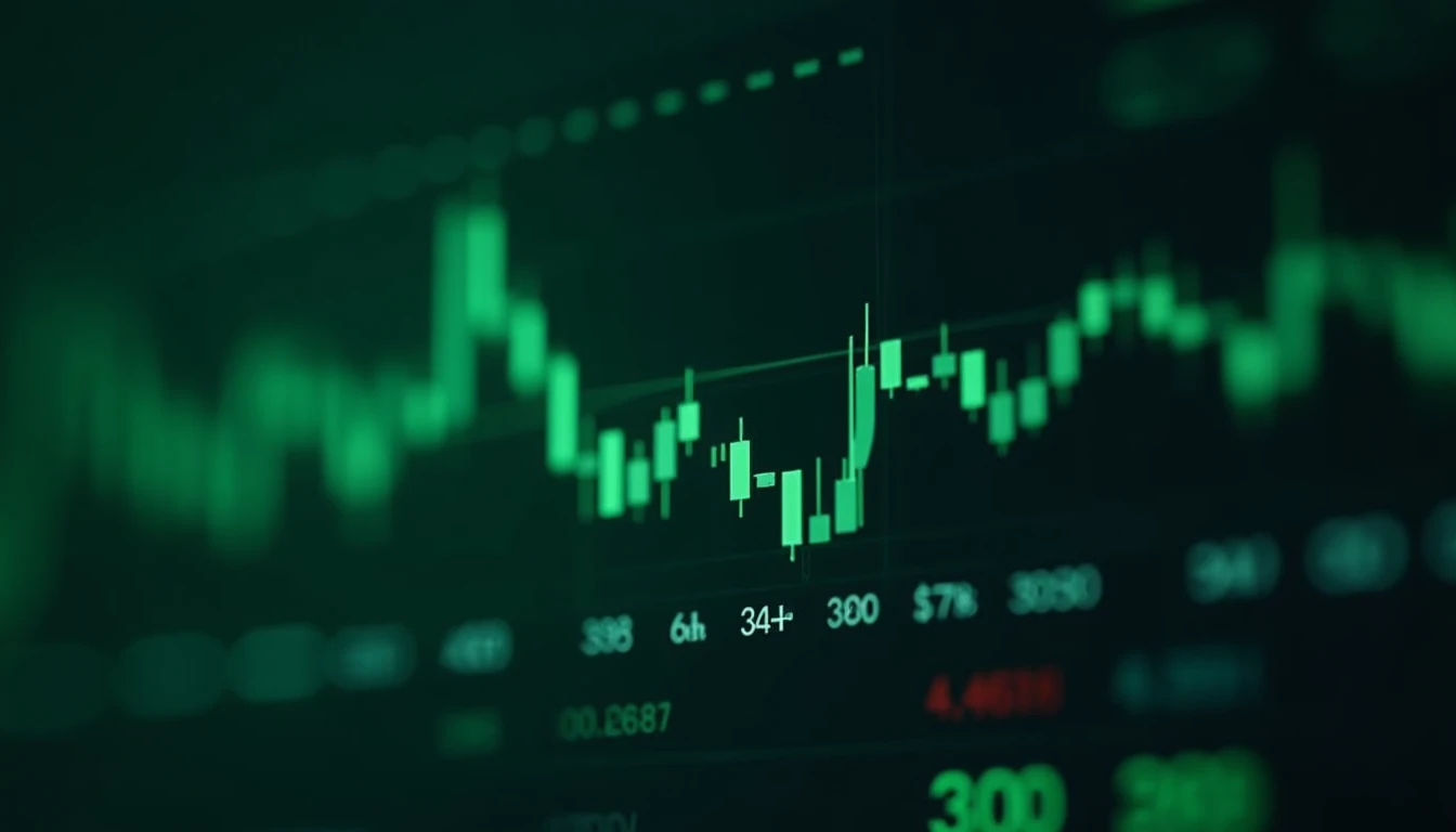 Abstrakte Darstellung eines KI Trading Bots, Codezeilen und Finanzcharts, dunkelgrünes Farbschema